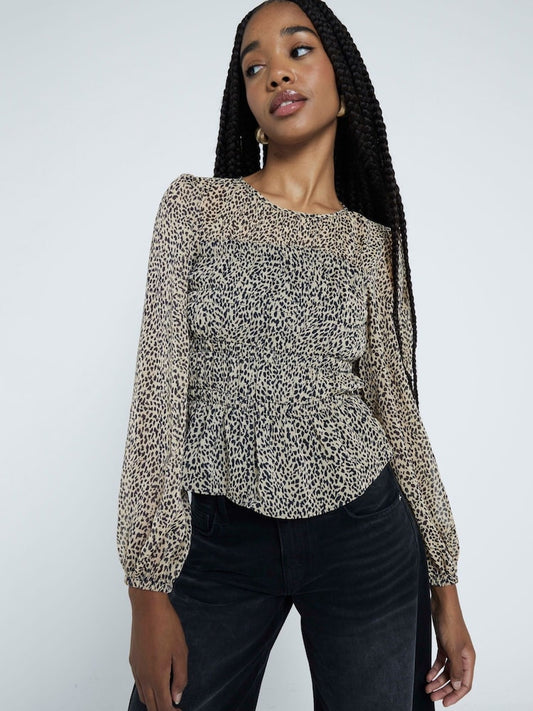 River Island Brown Beige Printed Shirred Chiffon Blouse