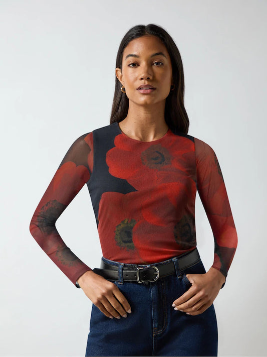 Red Floral Placement Print Mesh Top