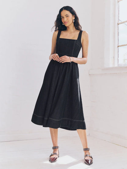 Rinse Corset Fit and Flare Square Neck Tencel Denim Dress