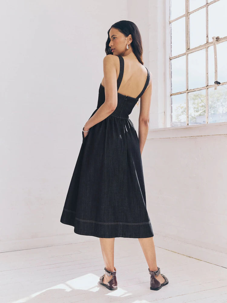 Rinse Corset Fit and Flare Square Neck Tencel Denim Dress