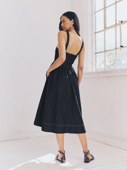 Rinse Corset Fit and Flare Square Neck Tencel Denim Dress