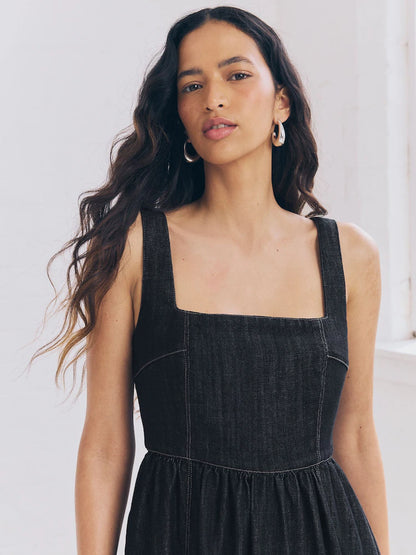 Rinse Corset Fit and Flare Square Neck Tencel Denim Dress