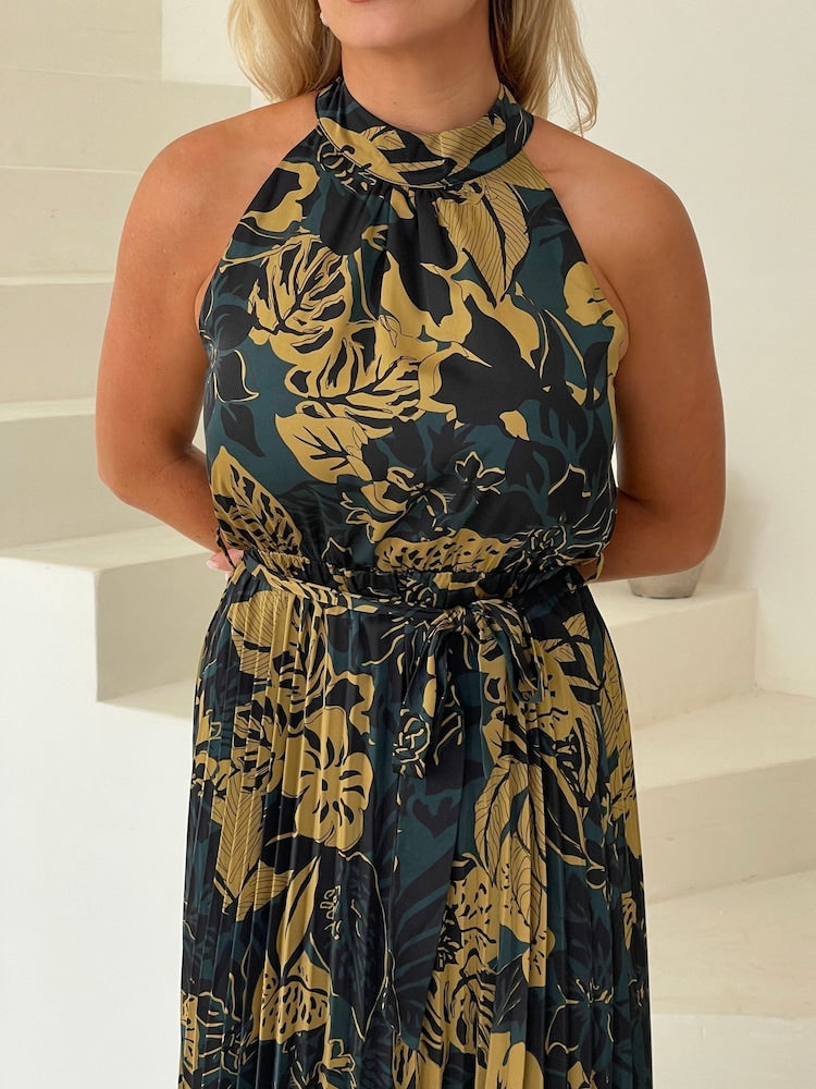Green Large Carla Flroal Print Pleated Midi Dress