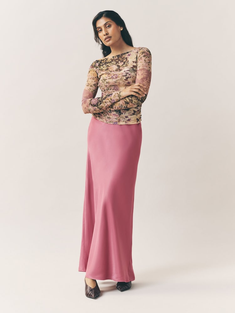 Pink Satin Midi Skirt