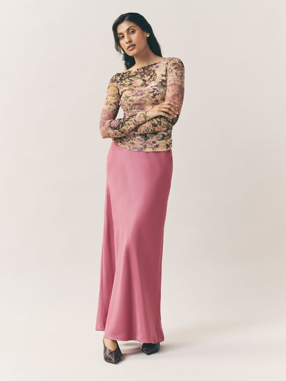 Pink Satin Midi Skirt