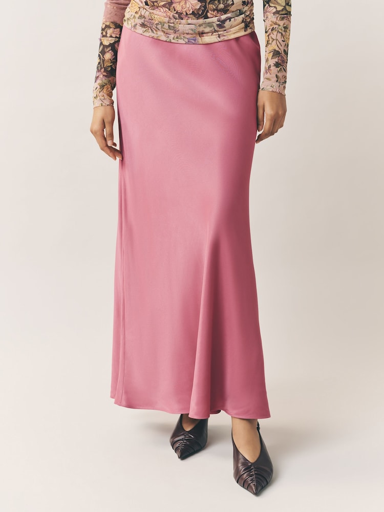 Pink Satin Midi Skirt