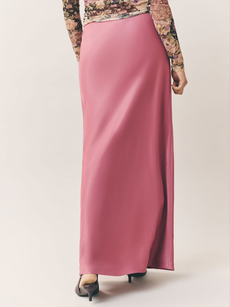 Pink Satin Midi Skirt