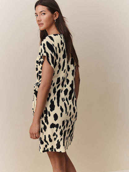 Black / White Cow Print  Textured Drape Tie Front Mini  Dress