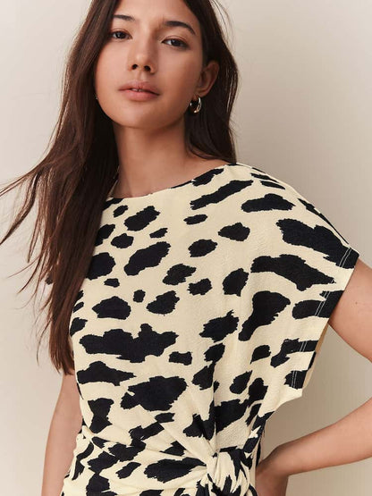 Black / White Cow Print  Textured Drape Tie Front Mini  Dress