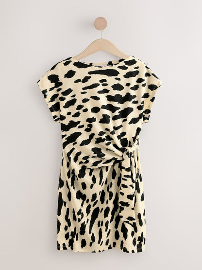 Black / White Cow Print  Textured Drape Tie Front Mini  Dress