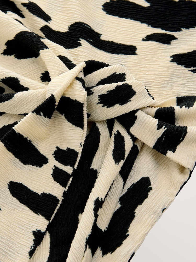 Black / White Cow Print  Textured Drape Tie Front Mini  Dress