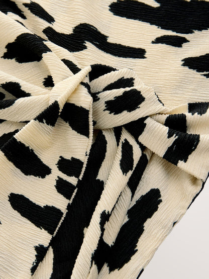 Black / White Cow Print  Textured Drape Tie Front Mini  Dress