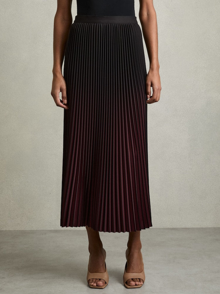 Marlie Ombré Pleated Midi Skirt in Burgundy/Black