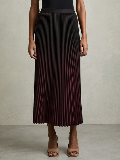 Marlie Ombré Pleated Midi Skirt in Burgundy/Black