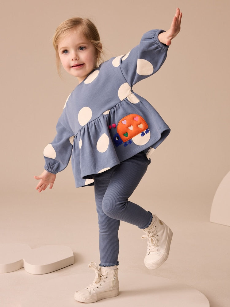 Navy Ladybird Long Sleeve Peplum Top and Leggings Set