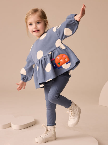 Navy Ladybird Long Sleeve Peplum Top and Leggings Set