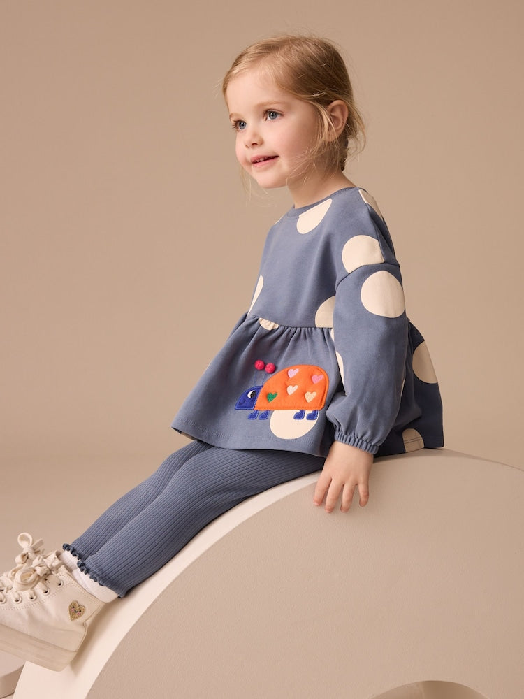 Navy Ladybird Long Sleeve Peplum Top and Leggings Set
