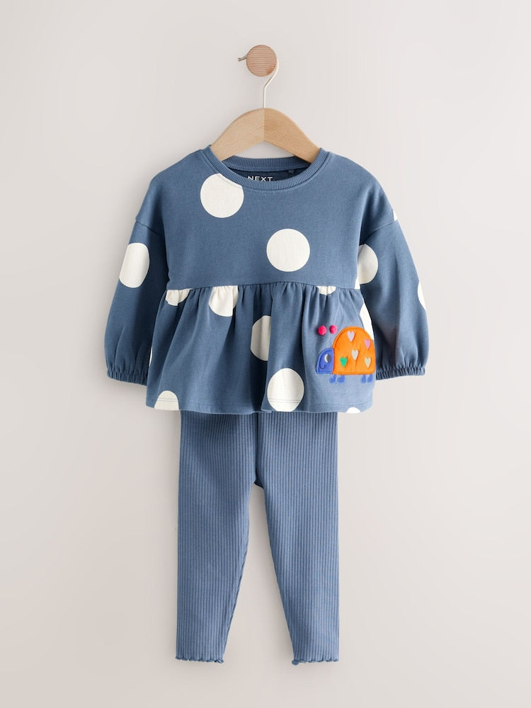 Navy Ladybird Long Sleeve Peplum Top and Leggings Set