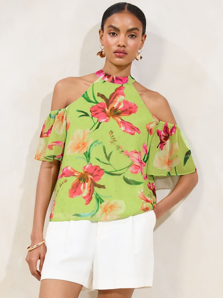 Green Floral Printed Cold Shoulder Top