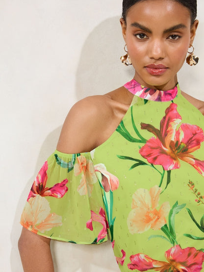 Green Floral Printed Cold Shoulder Top