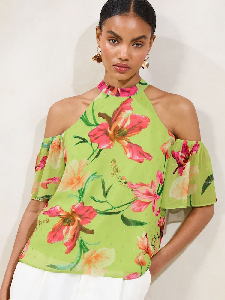 Green Floral Printed Cold Shoulder Top