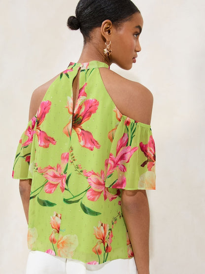 Green Floral Printed Cold Shoulder Top