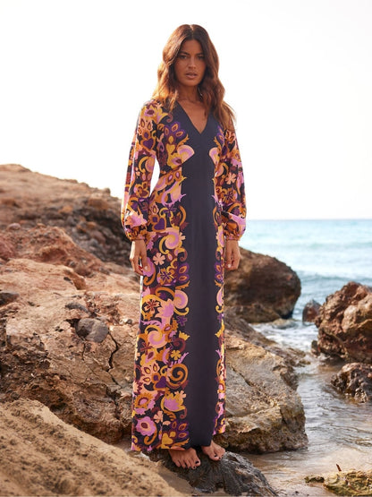 Black Multi Paisley Print Split Leg Dress