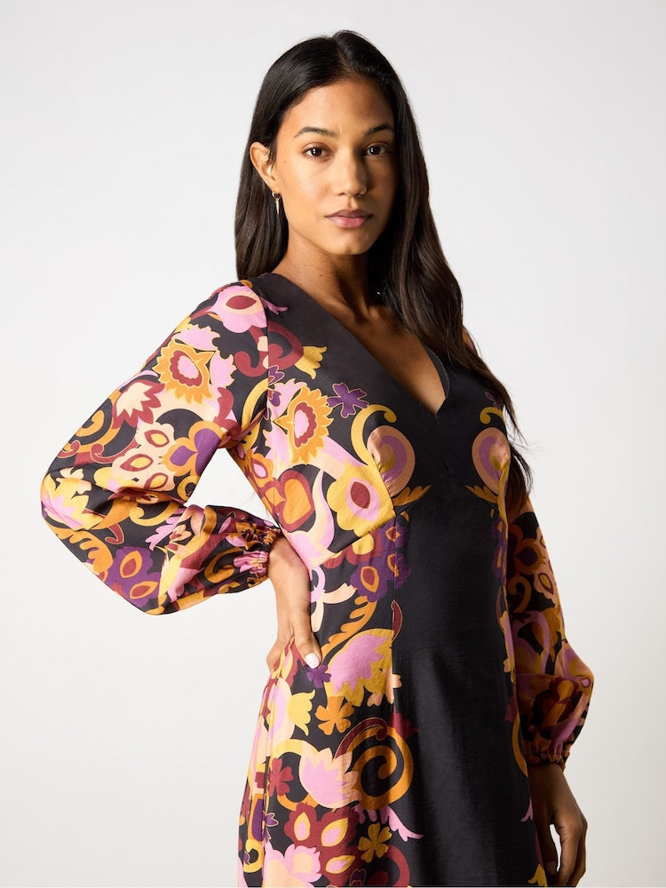 Black Multi Paisley Print Split Leg Dress