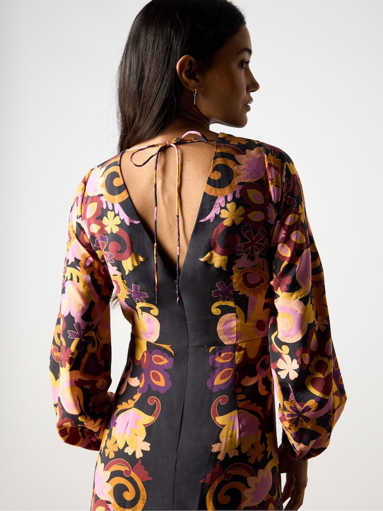 Black Multi Paisley Print Split Leg Dress