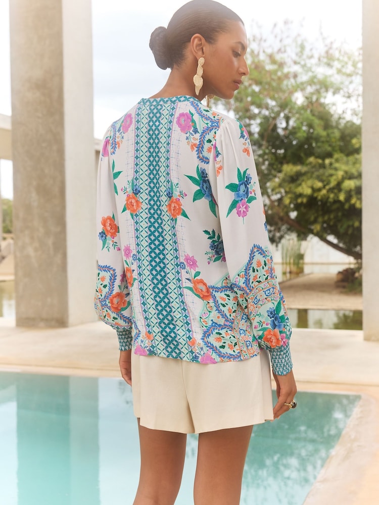 V-Neck Notch Neck Long Sleeve Blouse