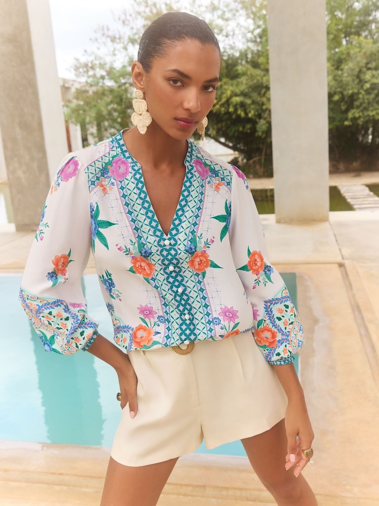 V-Neck Notch Neck Long Sleeve Blouse