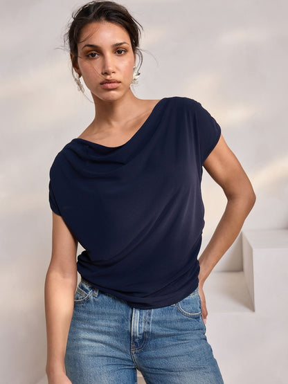 Navy Sleeveless Drape Top