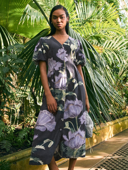 Navy Floral Button Down Puff Sleeve Midi Dress With Linen