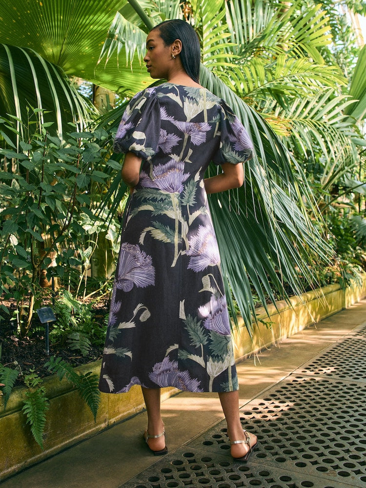 Navy Floral Button Down Puff Sleeve Midi Dress With Linen