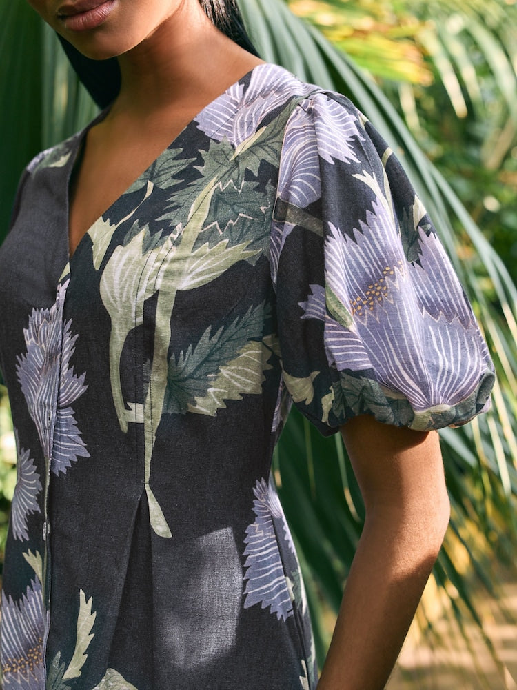 Navy Floral Button Down Puff Sleeve Midi Dress With Linen