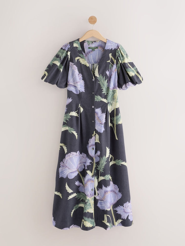 Navy Floral Button Down Puff Sleeve Midi Dress With Linen