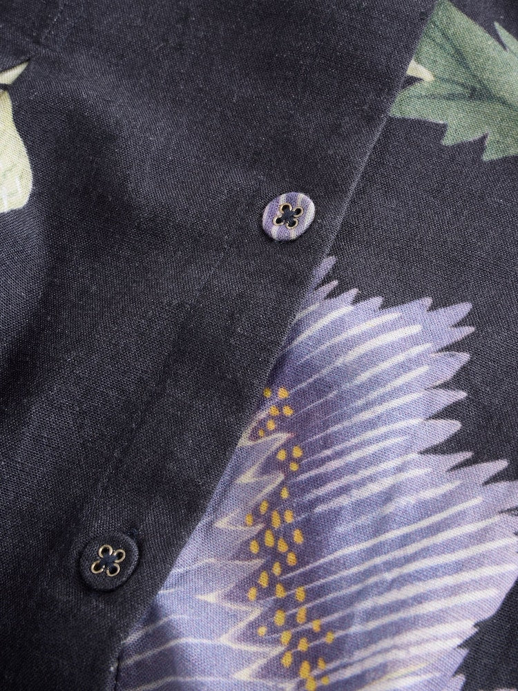 Navy Floral Button Down Puff Sleeve Midi Dress With Linen