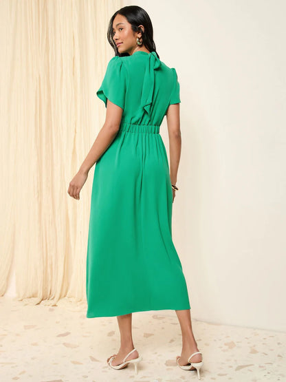 Green High Neck Short Sleeve Midi Dress with Bow