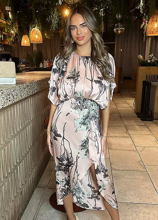 Dusty Pink Printed Batwing Top Wrap Skirt Midi Dress