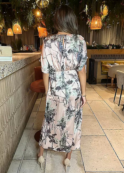 Dusty Pink Printed Batwing Top Wrap Skirt Midi Dress