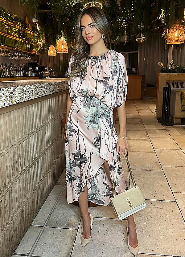 Dusty Pink Printed Batwing Top Wrap Skirt Midi Dress