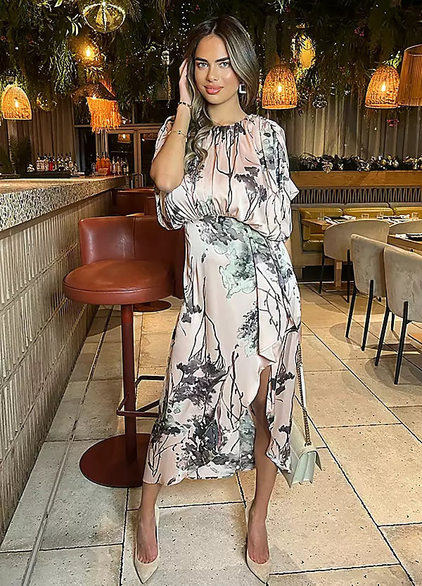 Dusty Pink Printed Batwing Top Wrap Skirt Midi Dress