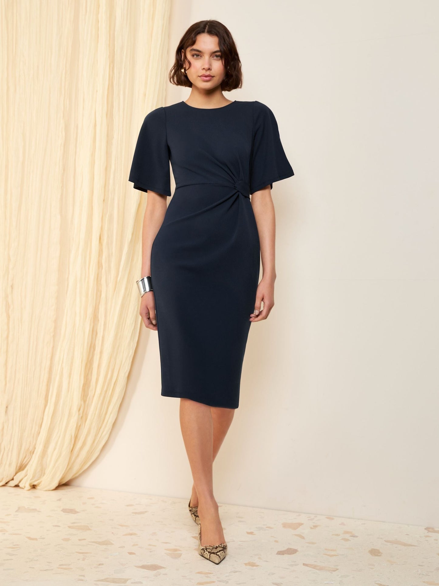 FLUTTER SLEEVE KNOT WAIST DETAIL MIDI TAILORED - Jersey dress - navy
