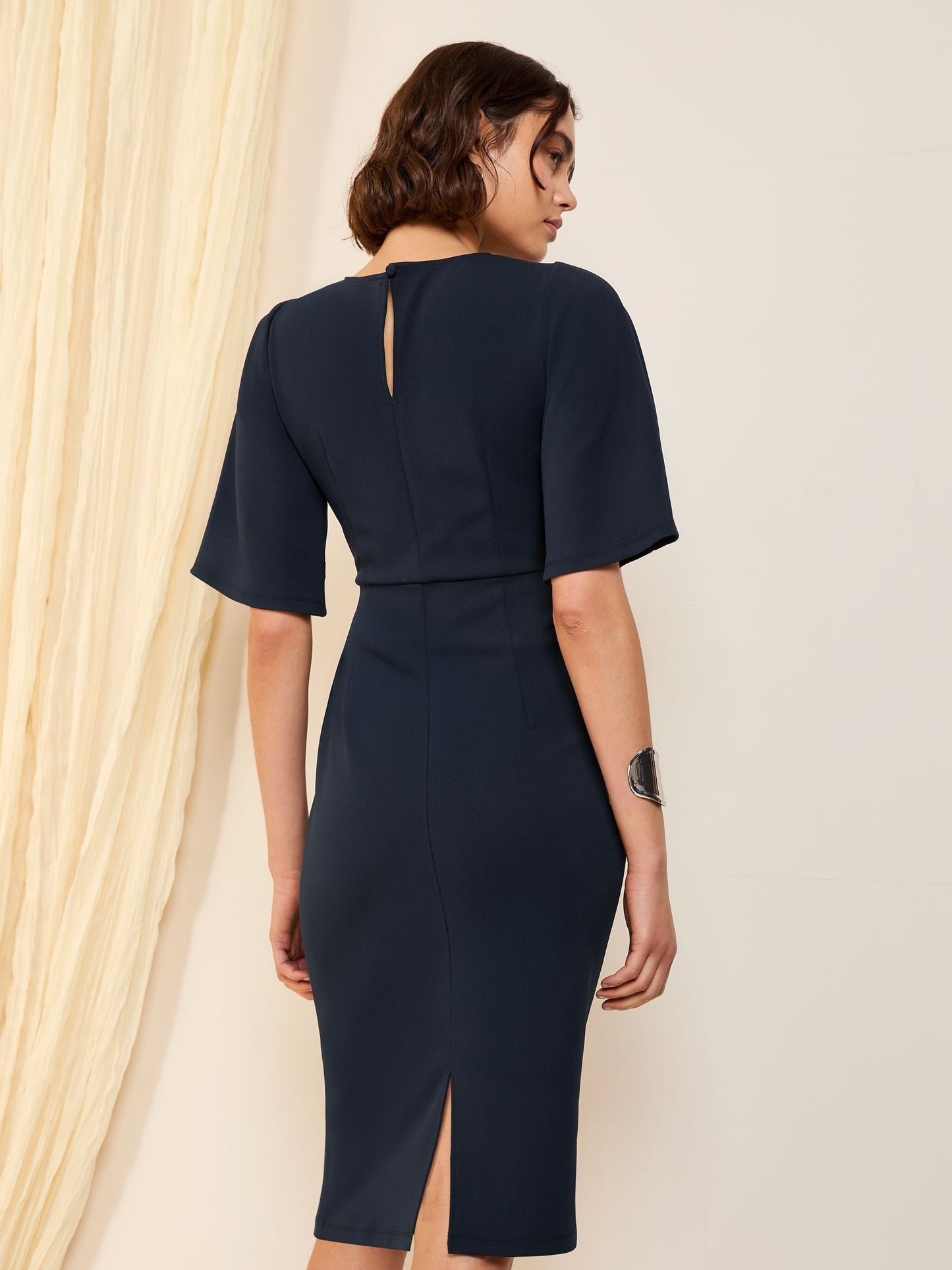 FLUTTER SLEEVE KNOT WAIST DETAIL MIDI TAILORED - Jersey dress - navy
