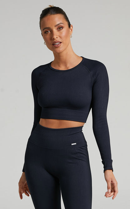 Black Ribbed Seamless Crop Long Sleeve