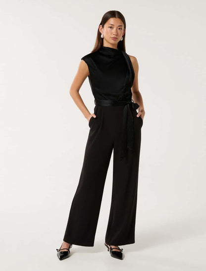 Forever New Black Sienna Satin Asymmetric Jumpsuit
