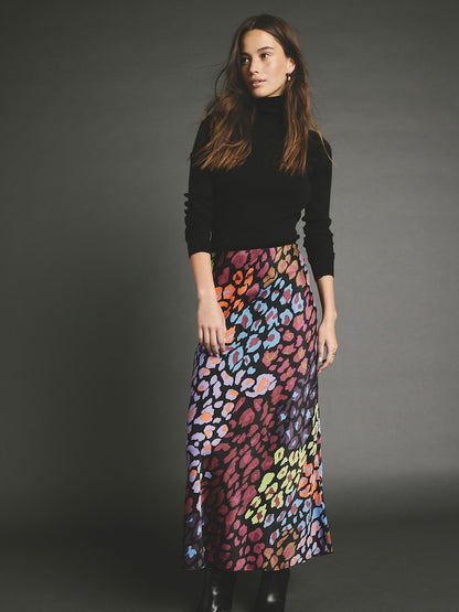 Bright Animal Printed Satin Midi Skirt