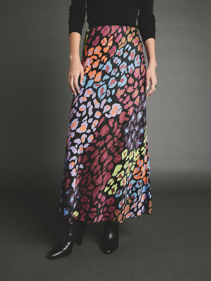 Bright Animal Printed Satin Midi Skirt