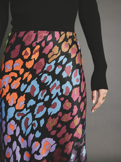 Bright Animal Printed Satin Midi Skirt