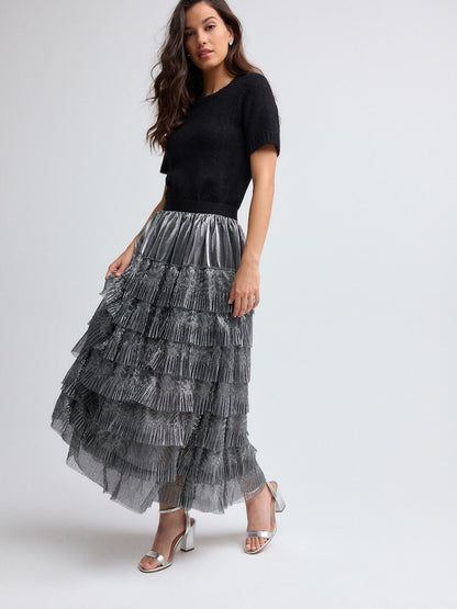 Silver Mesh Tulle Midi Skirt